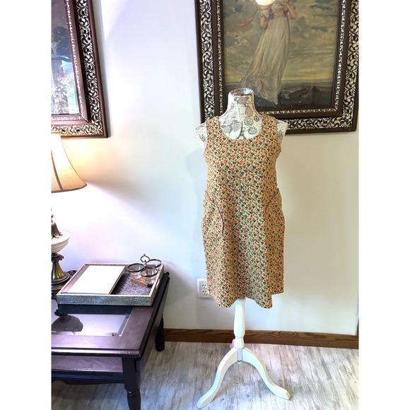 Warm Vintage Floral Print Corduroy Sleeveless Dress with Pockets‎ 90s Style SZ 2 - Picture 6 of 14